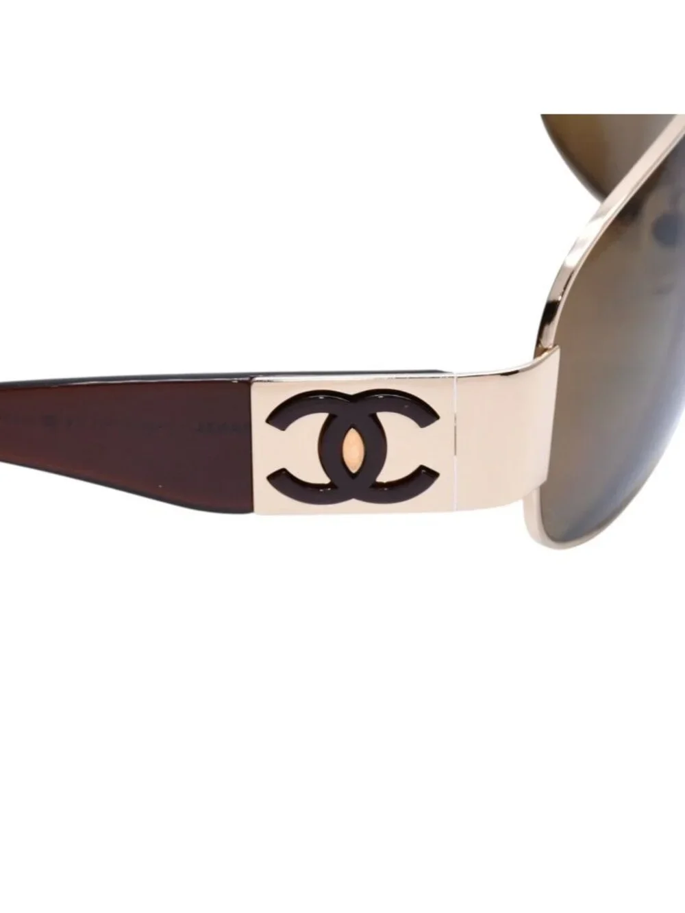 Chanel Aviator Sunglasses CC Logo Metal Frame Teardrop Brown Gold Eyewear